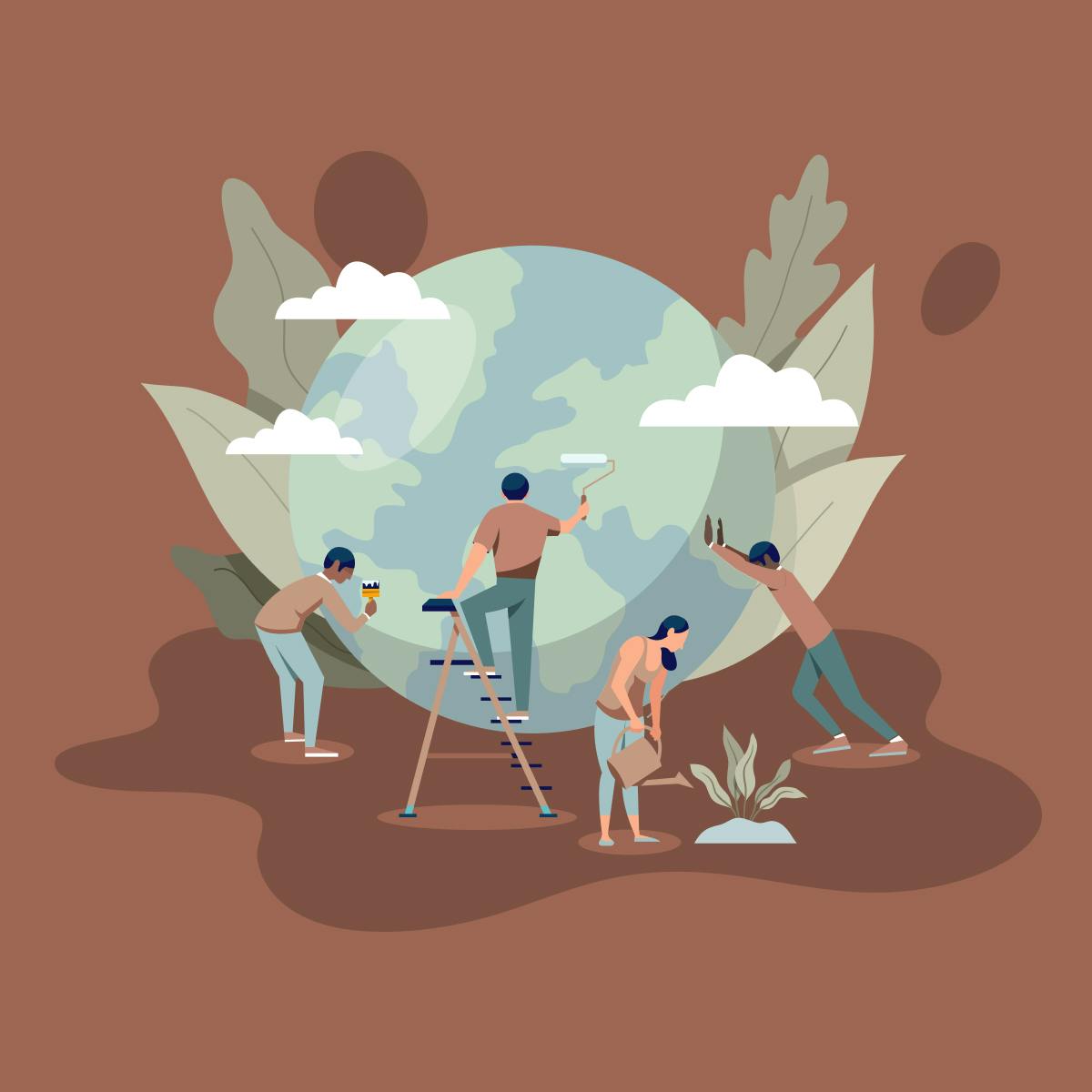 an illustration of people cleaning up the Earth